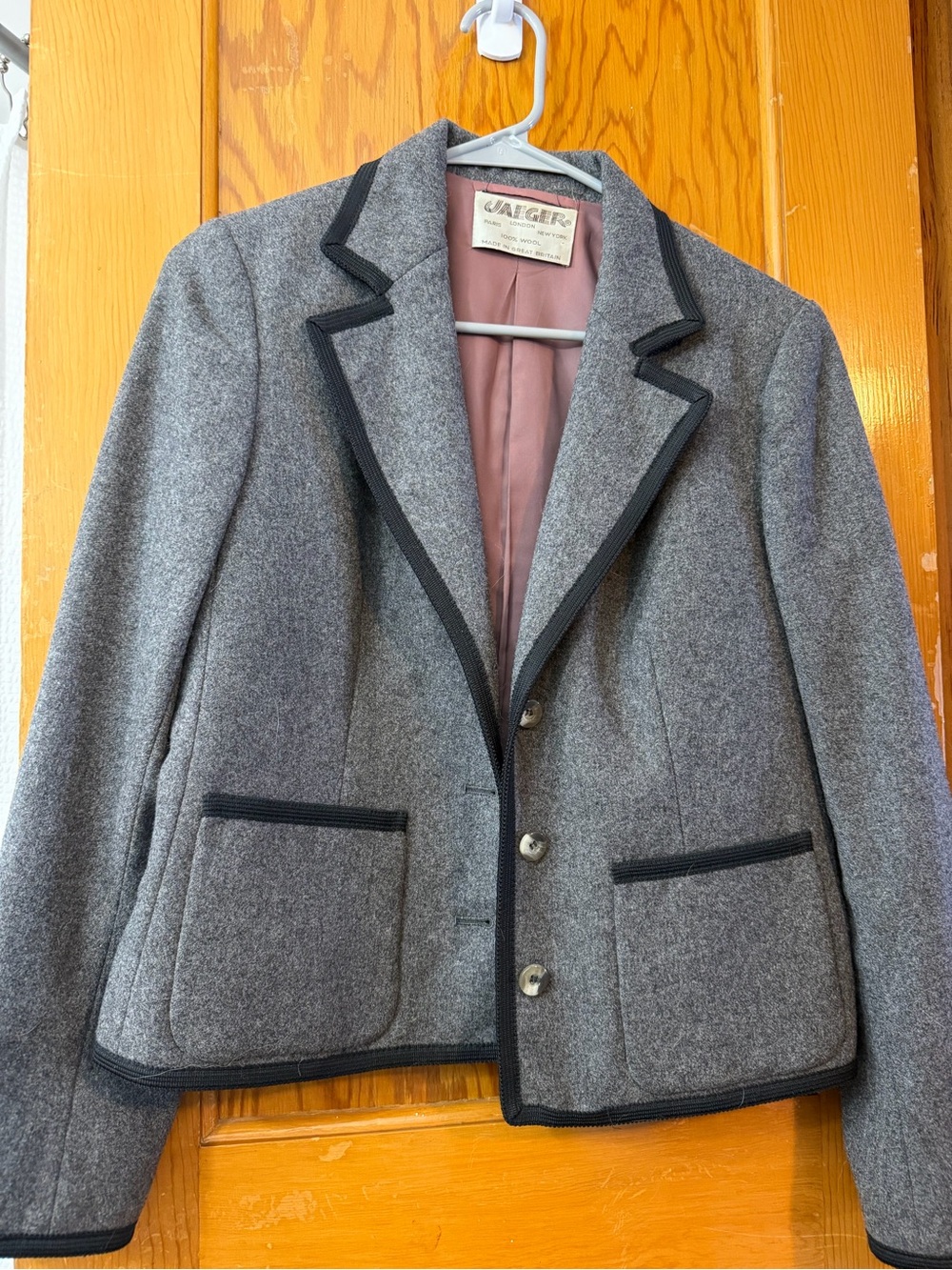 Vintage Jaeger Wool Blazer Grey Black Trim UK 10